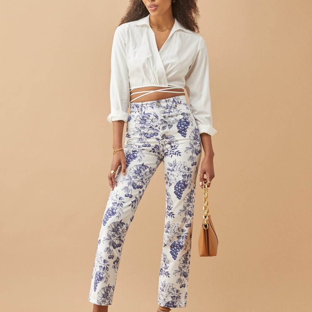 Reformation Cynthia blue and white toile high waisted jeans